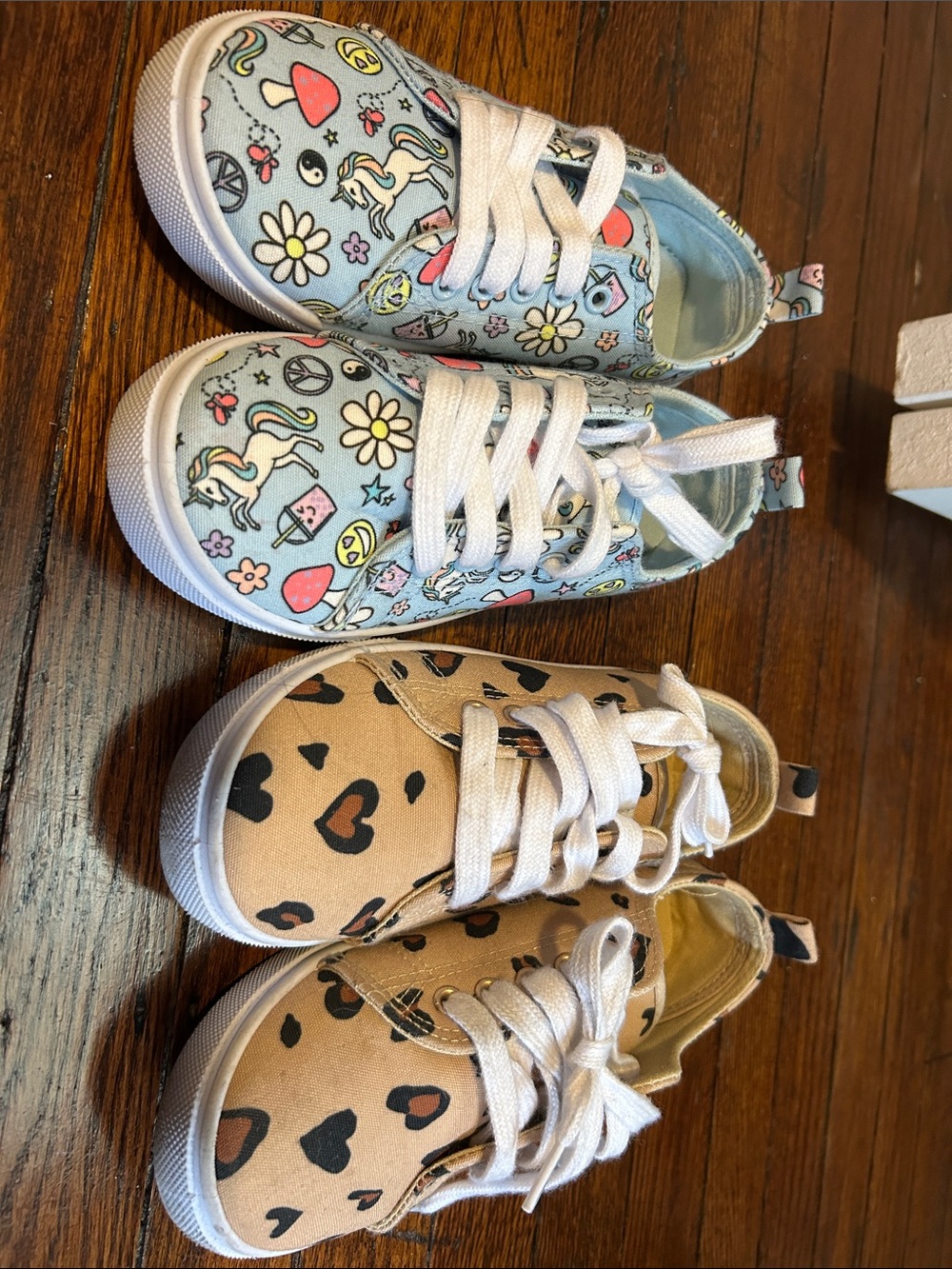 Kids Canvas Sneakers in Light Blue Unicorn Print and Tan Heart Print